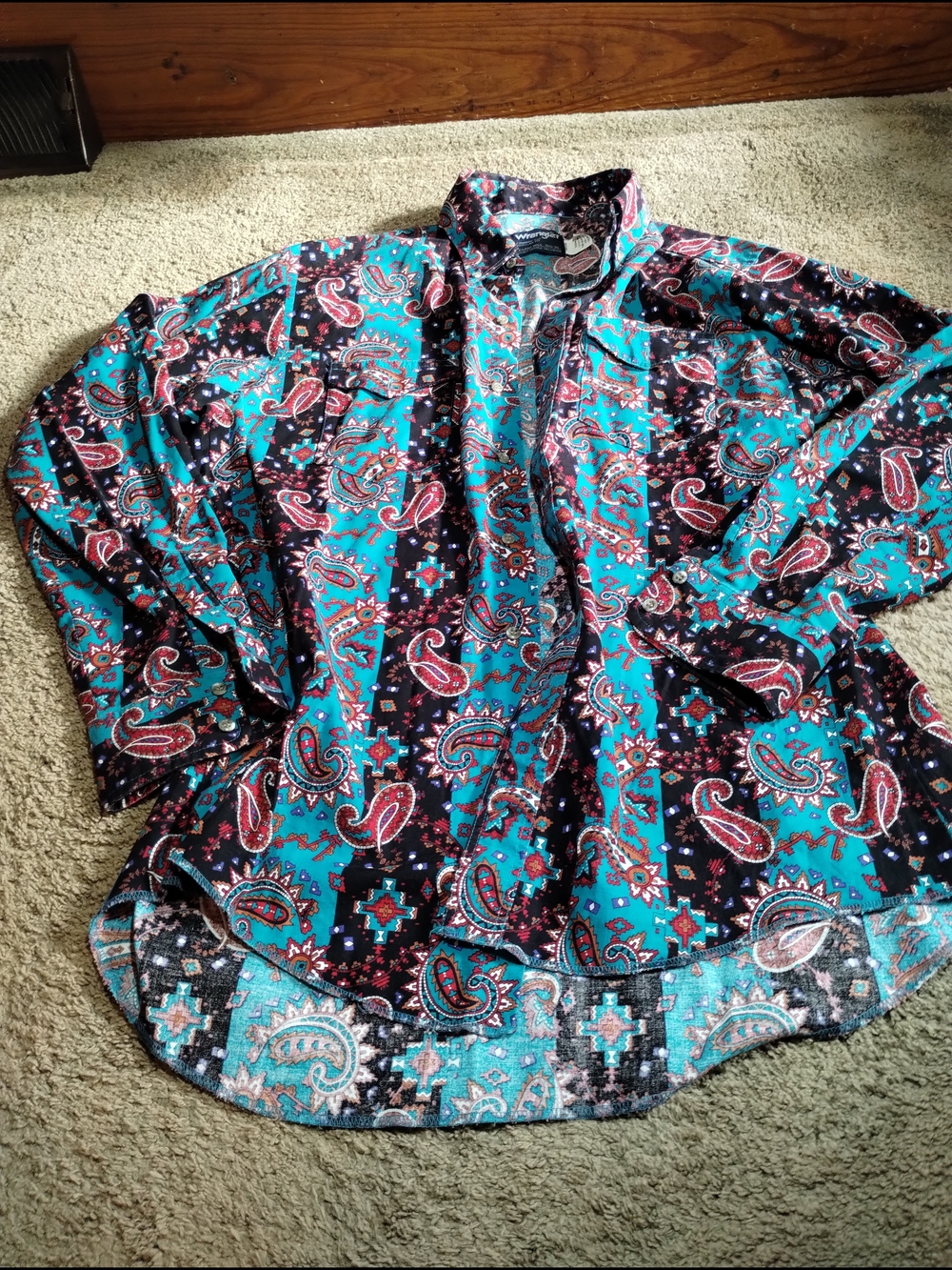 Vintage Brush Popper Wrangler Made In USA Button Down Shirt Aztec TurquoiseBrown